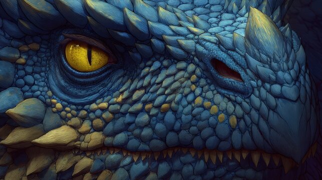 A blue dragon rests in a rocky cave with a focus on its textured scales and a striking golden eye. The light from outside creates shadows in the cave.