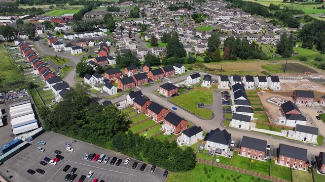 Drone view of newly built Residential homes in Ballymena Town Co Antrim Northern Ireland