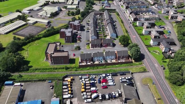 Drone view of newly built Residential homes in Ballymena Town Co Antrim Northern Ireland