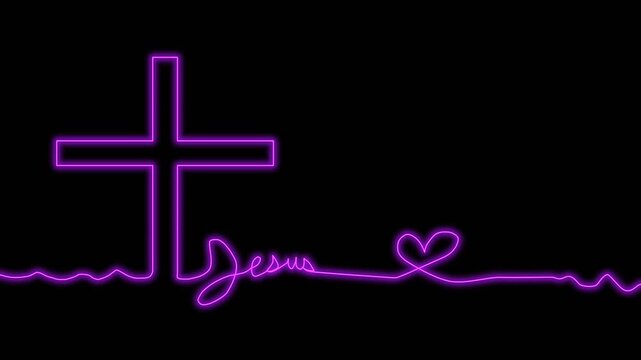 Neon purple cross with jesus text line animation, heart and hand-writing, vector line animation
