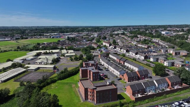Drone view of newly built Residential homes in Ballymena Town Co Antrim Northern Ireland