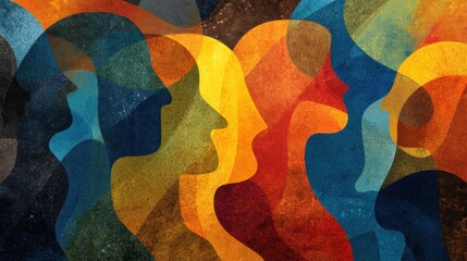 This artwork features layered silhouettes of human faces in various colors. The design highlights diversity and imagination through bright shapes and forms.