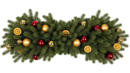 Festive Christmas garland PNG isolated, decorated with ornaments and dried orange slices for holiday decoration and seasonal design