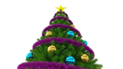 Decorated Christmas tree PNG isolated on transparent background, festive evergreen with ornaments and star for holiday designs