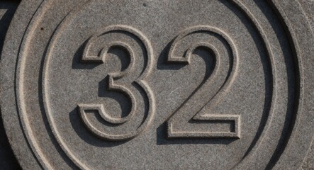 Number 32 Carved into a Textured Gray Stone Surface with Harsh Shadows