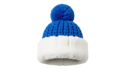 Blue knitted winter hat with pompom isolated PNG, warm headwear for cold weather fashion and seasonal holiday apparel design