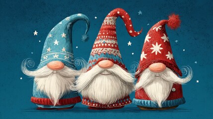 Three gnomes with long white beards wear colorful hats in blue and red. They smile as they stand together against a blue background with small white snowflakes.