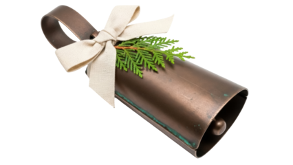 Rustic copper cowbell with evergreen sprig and cream bow isolated PNG, vintage Christmas decoration on transparent background