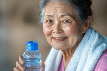 Happy Elderly Woman Holding Water Bottle