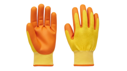 Pair of orange and yellow work gloves isolated PNG, protective handwear for gardening and construction on transparent background