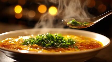 Delicious Hot Soup Garnished with Fresh Herbs