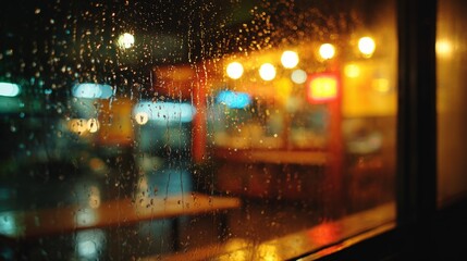 Rainy Night View Through Window with Warm Lights