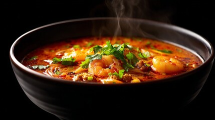 Spicy Shrimp Soup with Fresh Herbs and Steam