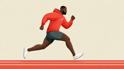 Plus size male runner mid stride on track in motion for fitness motivation