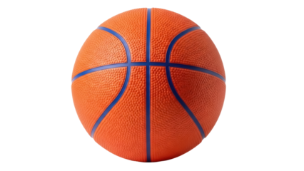 Orange basketball with blue lines isolated PNG, sports equipment for basketball games and training on transparent background