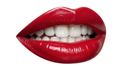 Glossy red lips with white teeth isolated PNG, open mouth with bright lipstick on transparent background, beauty and makeup concept