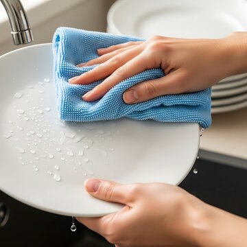 Hands with blue microfiber cloth drying a white plate after washing