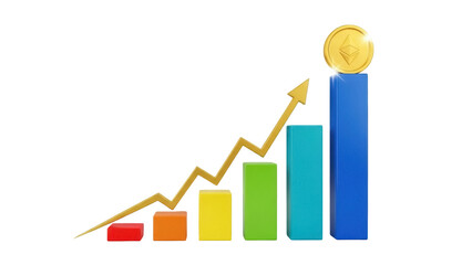 Ethereum coin on top of a bar graph PNG isolated on transparent background, cryptocurrency investment growth concept
