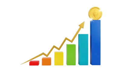Ethereum coin on top of a bar graph PNG isolated on transparent background, cryptocurrency investment growth concept