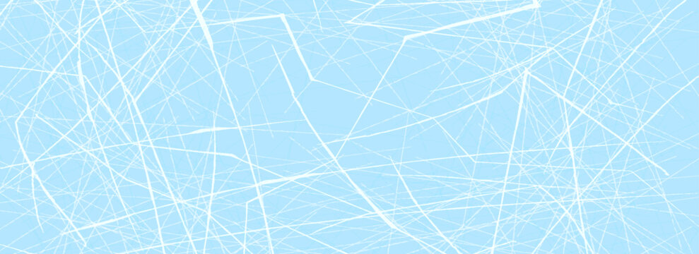 Scratched ice surface texture. Blue ice background with skate traces, cracks, scratches. Rough winter sport rink backdrop. Frozen lake or pond water wallpaper with dots, spot and lines. Eps10