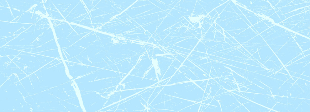 Scratched ice surface texture. Blue ice background with skate traces, cracks, scratches. Rough winter sport rink backdrop. Frozen lake or pond water wallpaper with dots, spot and lines. Eps10