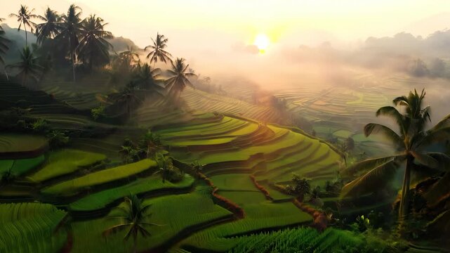 The scenic rice terraces stretch across the landscape, illuminated by the soft glow of the sunrise. Tall palm trees frame the scene, enhancing the beauty of the rice terraces.