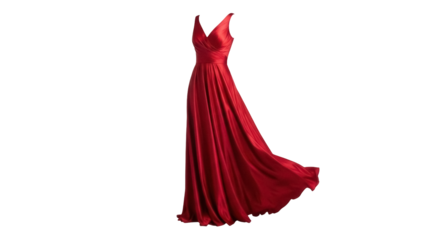 Elegant red evening gown isolated PNG on transparent background, flowing formal dress for special occasions and fashion design