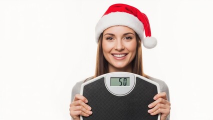 Happy smiling woman in Santa hat holding weight scale. Christmas diet and fitness concept for new year resolutions. Successful weight loss result on white background with copy space