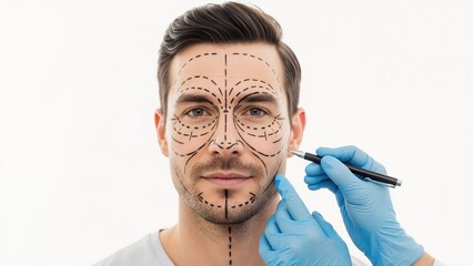 Man with surgical lines on his face preparing for cosmetic procedure. Surgeon's hands marking male patient for plastic surgery. Aesthetic medicine concept
