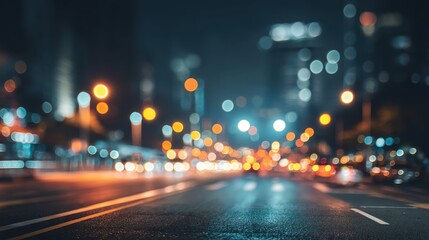 A busy city street at night shows blurred lights from cars and street lamps. Tall buildings stand in the background. The scene captures urban energy and movement in the city.