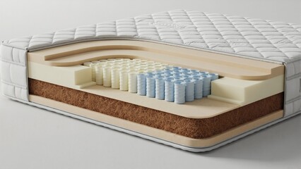 Anatomy of modern mattress in cutaway view. Internal structure with layers of foam, coir fiber, and pocket springs for orthopedic support