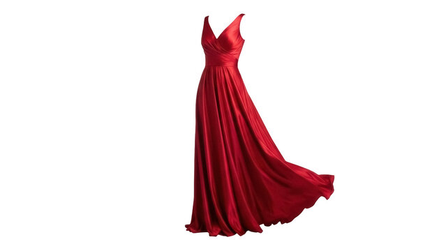 Elegant red evening gown isolated PNG on transparent background, flowing formal dress for special occasions and fashion design