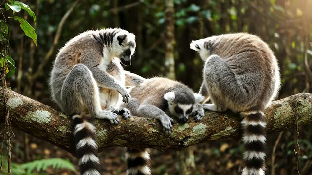 Three ring tailed lemurs sitting on a tree branch interacting in a forest environment