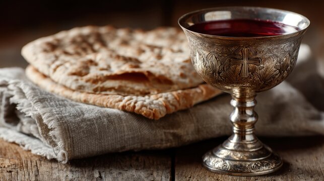 Wheat bread rests on a cloth next to a silver cup filled with red liquid. The setting features a wooden table highlighting the bread and cup side by side.