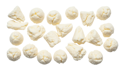 Fresh cheese curds isolated PNG on transparent background, squeaky dairy snack pieces for healthy eating and cooking ingredient
