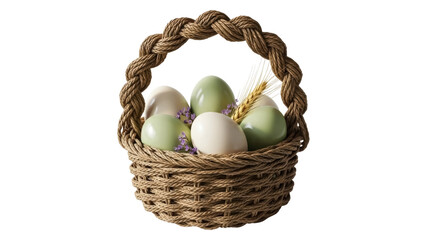 Easter basket with pastel eggs PNG isolated on transparent background, spring holiday decoration for greeting cards and design projects