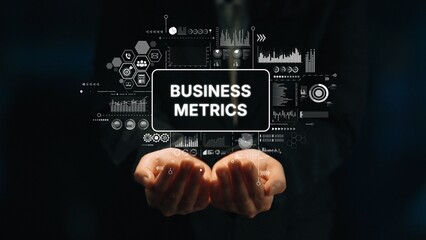 Hands Holding Business Metrics Concept with Data Visualization and Analytics Graphics in a Corporate Setting. Asymptotic smart data analytic.