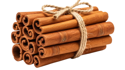Aromatic cinnamon sticks tied with twine isolated PNG, fragrant spice for cooking and baking on transparent background