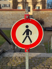 No pedestrian access sign in urban park area