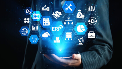 ERP icons show management, integration, and business process. ERP supports data management, ERP efficiency, and ERP organizational solutions. Gist