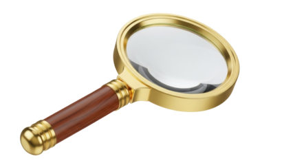 Magnifying glass with golden frame and wooden handle isolated PNG, vintage style search tool on transparent background