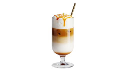 Delicious caramel latte macchiato in glass isolated PNG, layered coffee drink with milk foam and caramel drizzle on transparent background