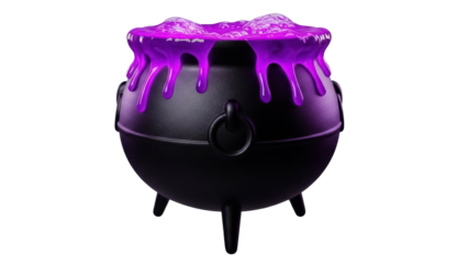 Halloween black cauldron with purple potion isolated PNG, spooky bubbling brew for Halloween decorations and magical themed designs