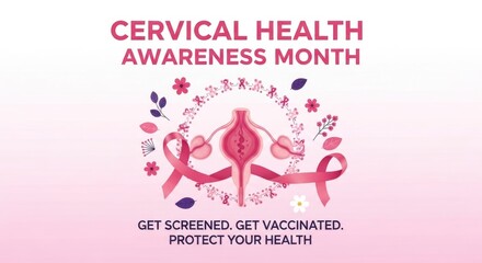 Cervical Health Awareness Month, featuring female reproductive anatomy. Pink ribbons and blooming flowers promote prevention, screening, and vaccination for women's wellbeing.