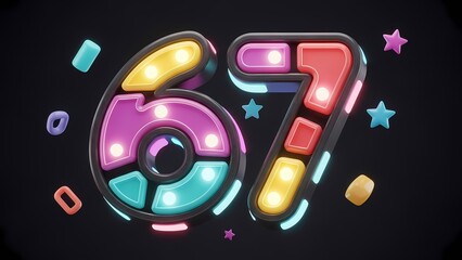 Vibrant 3D illustration of the glowing numbers 67, colorful segments and shapes on a dark, festive background.