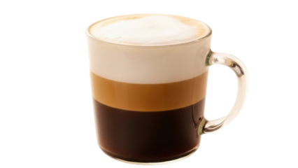 Layered coffee drink in glass mug isolated PNG, cappuccino with milk foam and espresso for cafe menu and beverage design