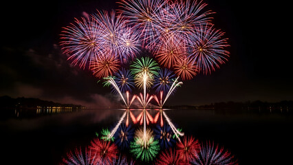 Colorful fireworks exploding over calm lake reflecting vibrant lights during night celebration creating festive atmosphere.