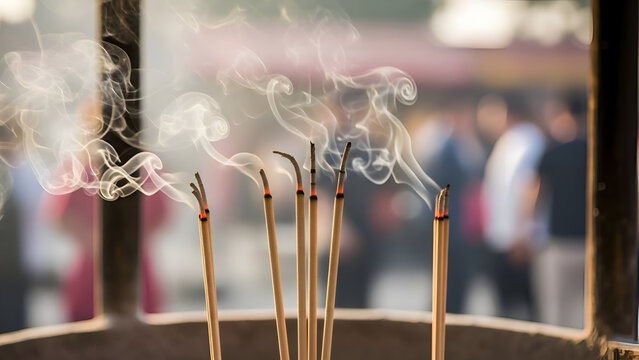 Incense sticks burning in a temple create swirling smoke patterns, filling the air with a fragrant aroma and a sense of peace and spirituality. - Powered by Adobe