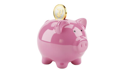 Pink piggy bank with coin isolated PNG, savings and investment concept on transparent background for financial projects