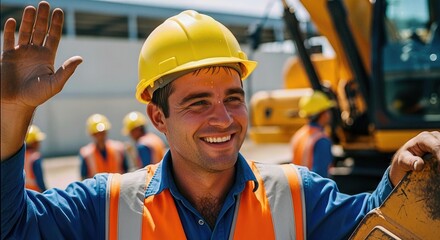 Cheerful young male worker wearing a yellow protective helmet and bright orange safety vest waves a warm greeting. He stands proudly on a bustling outdoor industrial construction site.
